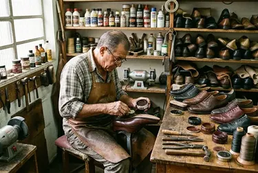 Sapateiro reformando um sapato social, utilizando diversos produtos e ferramentas.