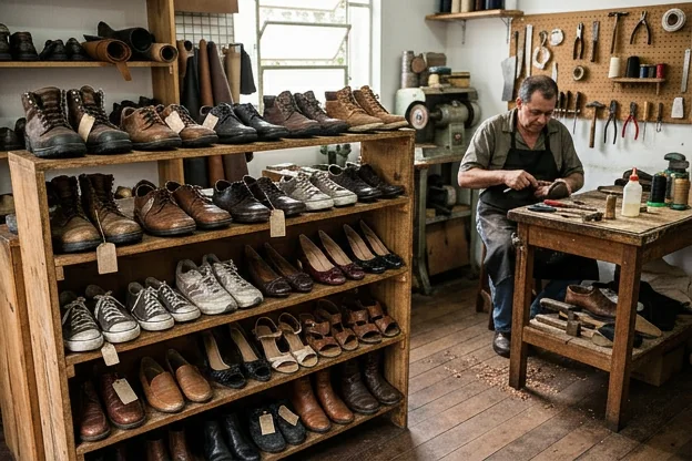 Sapatos de diferentes estilos organizados, prontos para escolha pelo cliente em uma loja.