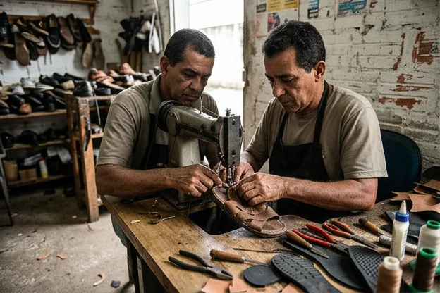 Sapateiro consertando uma sandália danificada, rodeado por materiais de reparo.