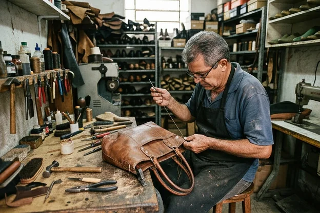 Sapateiro reformando uma bolsa de couro, utilizando ferramentas e produtos de qualidade.