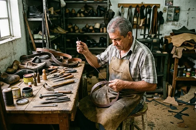 Sapateiro consertando um cinto de couro, rodeado por ferramentas e materiais para conserto.