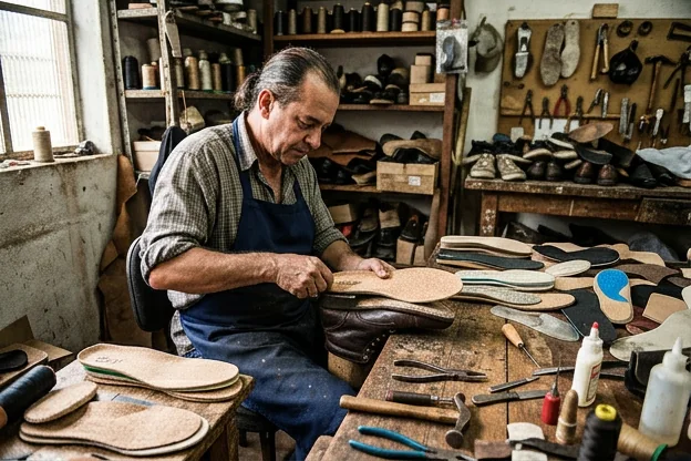 Sapateiro trocando palmilhas de um sapato, com diversas opções de palmilhas visíveis.