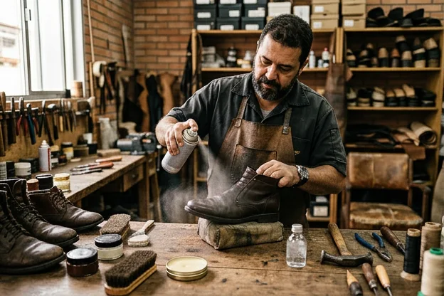 Sapato sendo tratado com impermeabilizante, com produtos visíveis para aplicação.