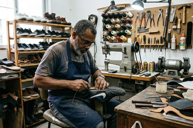 Sapateiro reparando um tênis, utilizando ferramentas e equipamentos para conserto.