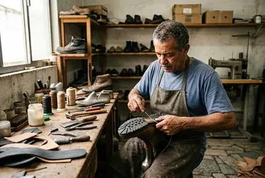 Sapateiro realizando a troca de solado de um sapato, utilizando ferramentas adequadas.